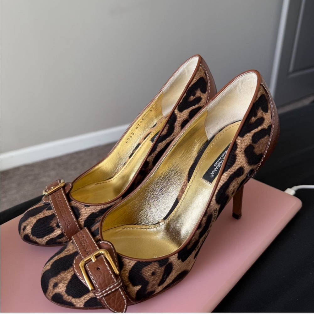 Dolce & Gabbana Leopard Heels with Gold Buckle SIZE 37 or US 7